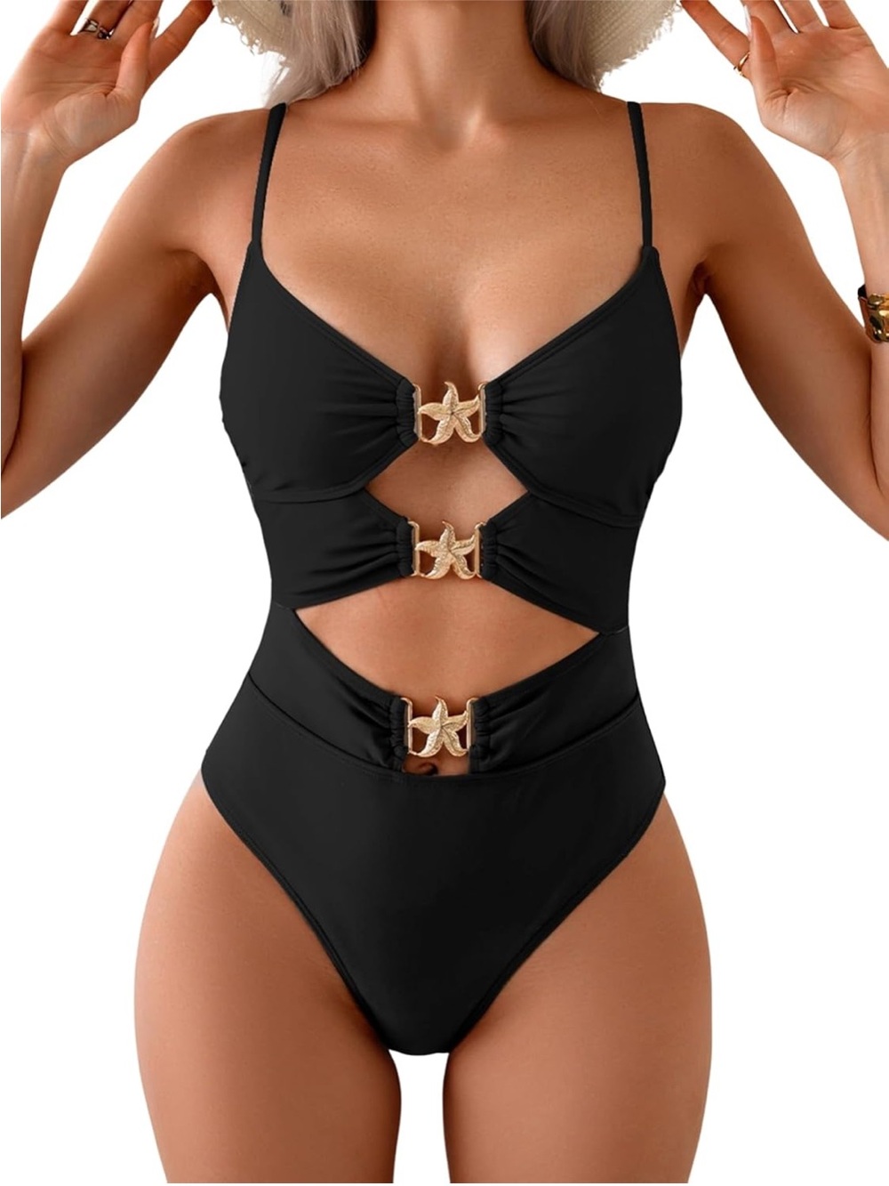 Black Cutout One-Piece Swimsuit with Gold Hardware